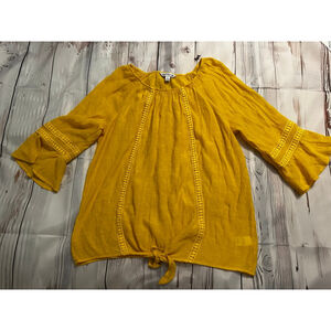 Counterparts Yellow Blouse XL Bell Sleeve Tie Front